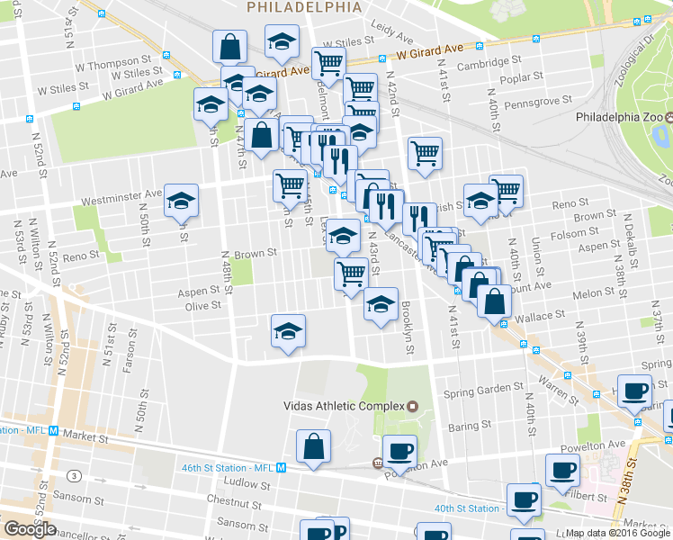 map of restaurants, bars, coffee shops, grocery stores, and more near 728 N 44th St in Philadelphia