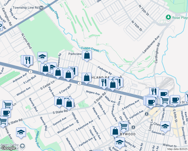 map of restaurants, bars, coffee shops, grocery stores, and more near 100 Englewood Road in Upper Darby