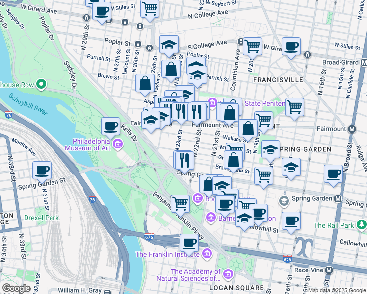 map of restaurants, bars, coffee shops, grocery stores, and more near 2223 Green Street in Philadelphia
