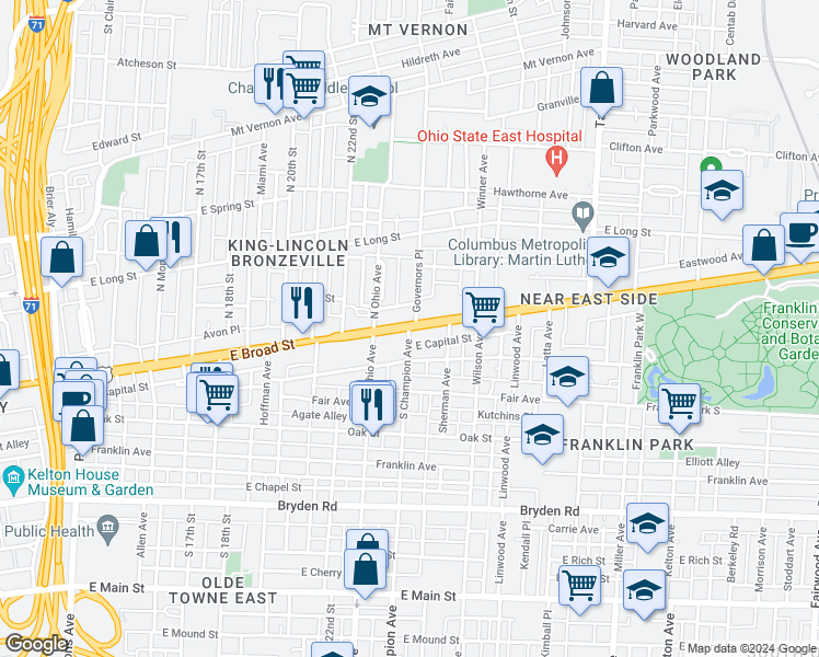 map of restaurants, bars, coffee shops, grocery stores, and more near East Broad Street & South Champion Avenue in Columbus