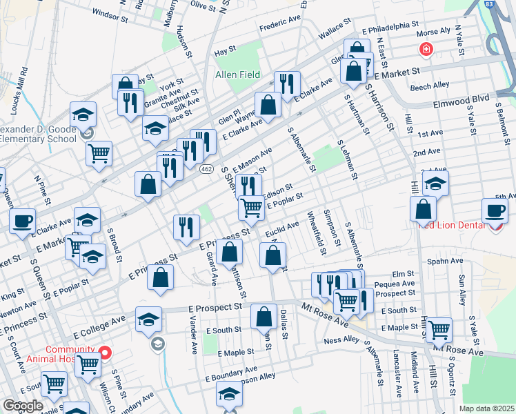 map of restaurants, bars, coffee shops, grocery stores, and more near 823 East Poplar Street in York