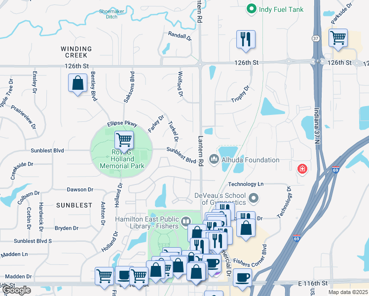 map of restaurants, bars, coffee shops, grocery stores, and more near 12391 Turkel Drive in Fishers