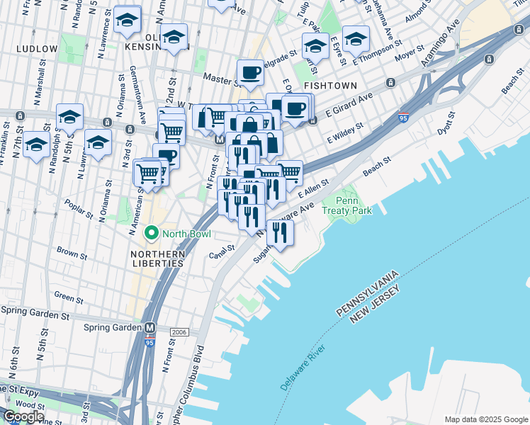 map of restaurants, bars, coffee shops, grocery stores, and more near 135 East Allen Street in Philadelphia
