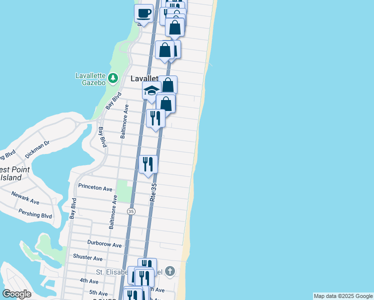 map of restaurants, bars, coffee shops, grocery stores, and more near 3 Pennsylvania Avenue in Lavallette