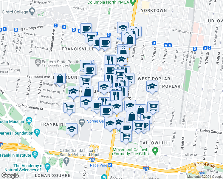 map of restaurants, bars, coffee shops, grocery stores, and more near 655 North 15th Street in Philadelphia