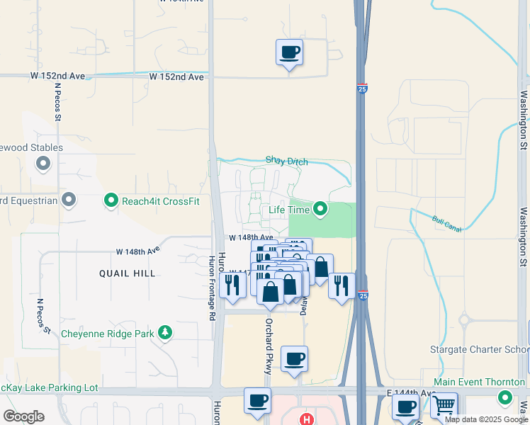 map of restaurants, bars, coffee shops, grocery stores, and more near 14843 Orchard Parkway in Westminster