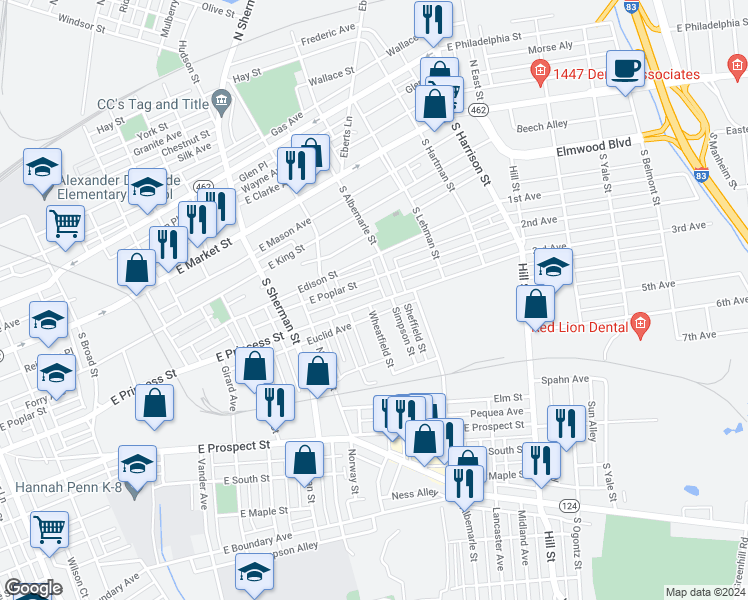 map of restaurants, bars, coffee shops, grocery stores, and more near 953 East Princess Street in York