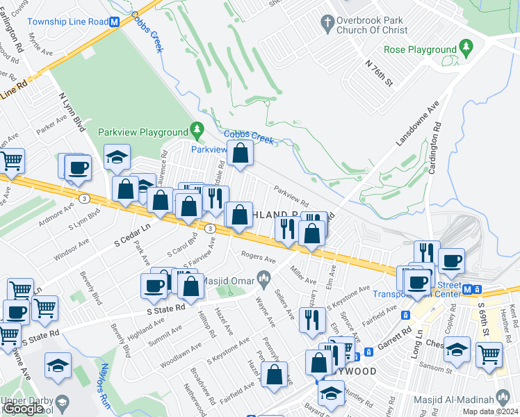 map of restaurants, bars, coffee shops, grocery stores, and more near 100 Englewood Road in Upper Darby