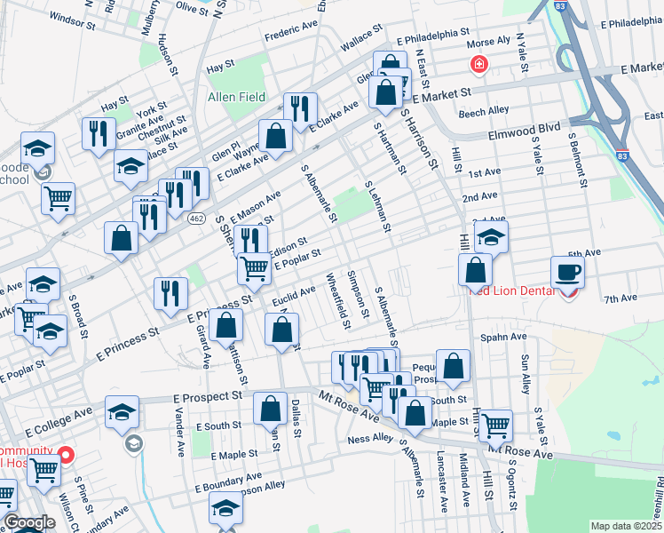 map of restaurants, bars, coffee shops, grocery stores, and more near 955 East Princess Street in York