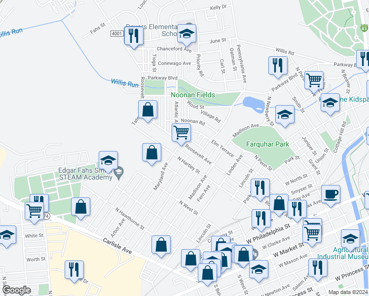map of restaurants, bars, coffee shops, grocery stores, and more near 730 Roosevelt Avenue in York