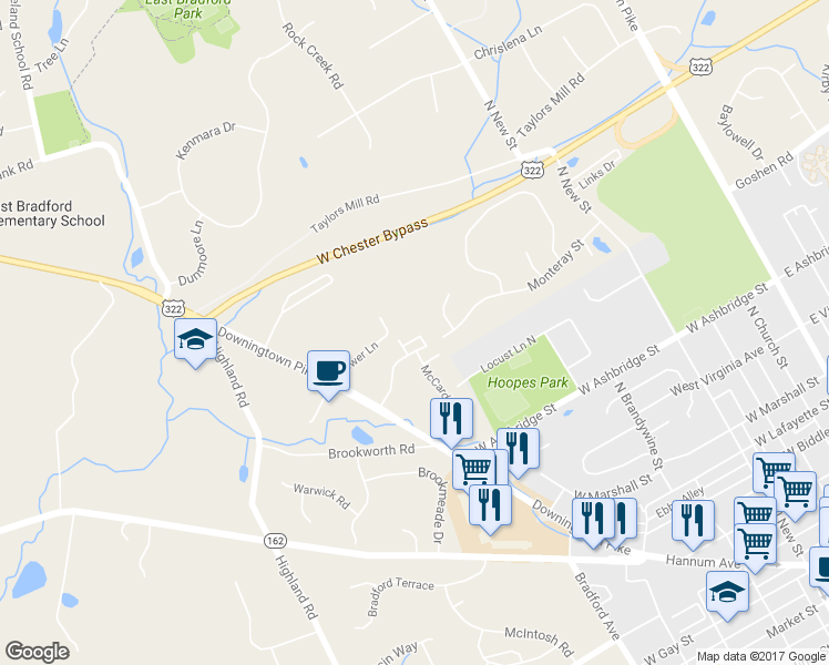 map of restaurants, bars, coffee shops, grocery stores, and more near 723 McCardle Drive in West Chester