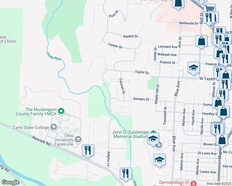 map of restaurants, bars, coffee shops, grocery stores, and more near 2221 Deanne Drive in Zanesville