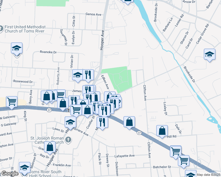 map of restaurants, bars, coffee shops, grocery stores, and more near 411 Edken Avenue in Toms River
