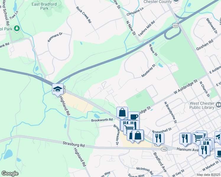 map of restaurants, bars, coffee shops, grocery stores, and more near 723 McCardle Drive in West Chester