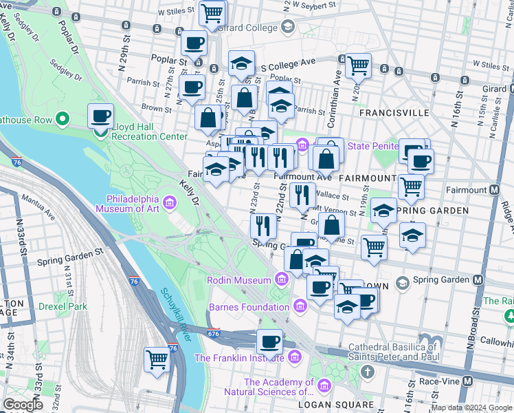 map of restaurants, bars, coffee shops, grocery stores, and more near 2229 Green Street in Philadelphia