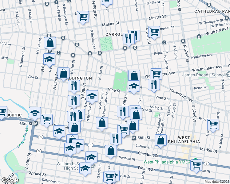 map of restaurants, bars, coffee shops, grocery stores, and more near 5742 Vine Street in Philadelphia