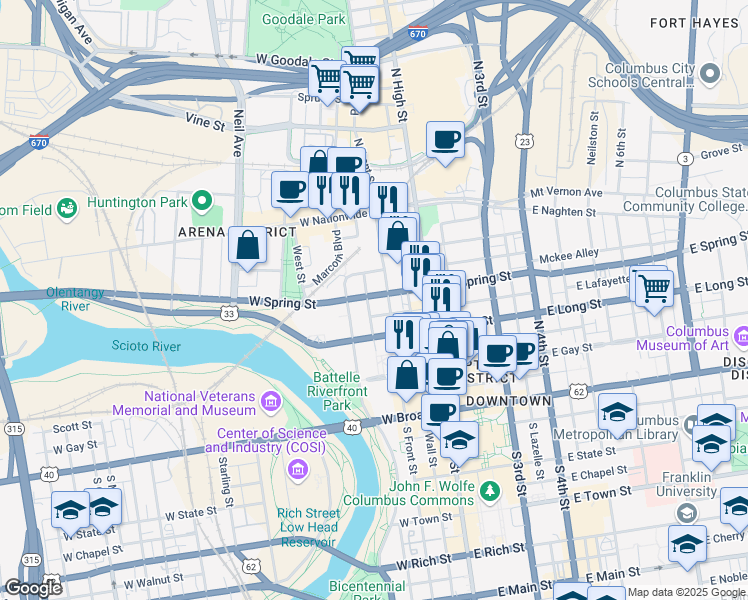 map of restaurants, bars, coffee shops, grocery stores, and more near 81 West Spring Street in Columbus