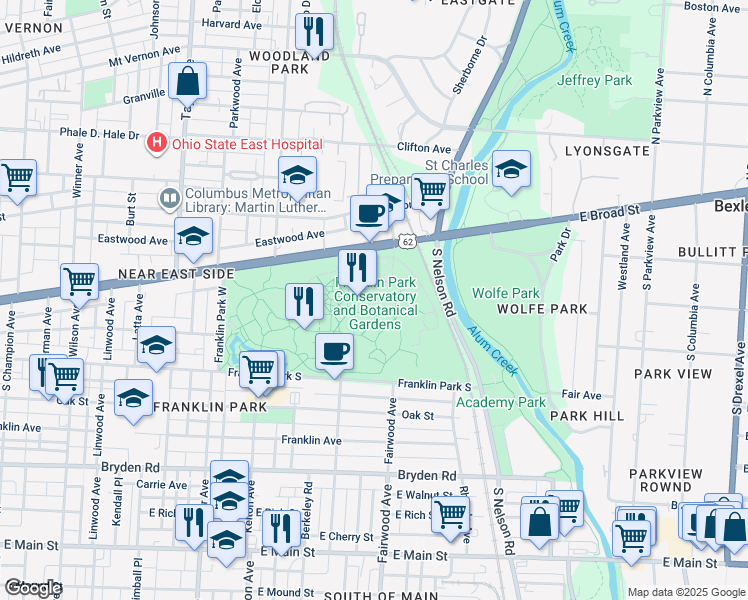 map of restaurants, bars, coffee shops, grocery stores, and more near 1777 East Broad Street in Columbus