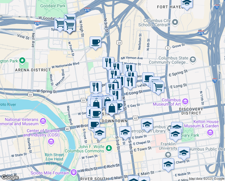 map of restaurants, bars, coffee shops, grocery stores, and more near 154 North 3rd Street in Columbus