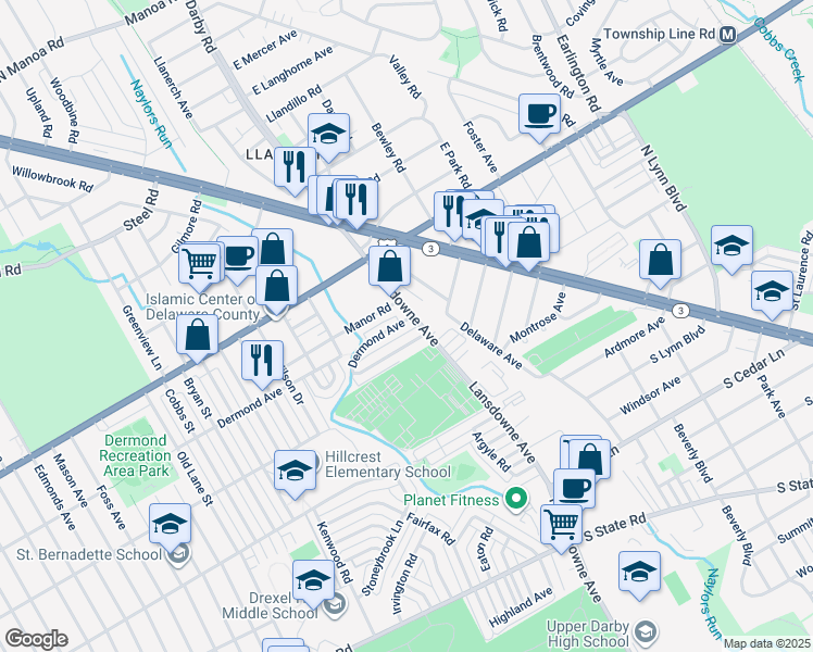 map of restaurants, bars, coffee shops, grocery stores, and more near 2208 Dermond Avenue in Upper Darby
