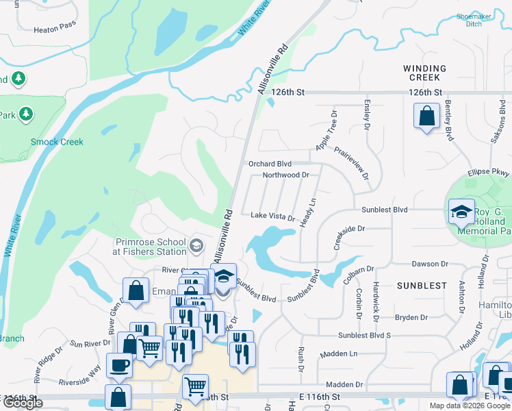 map of restaurants, bars, coffee shops, grocery stores, and more near 105 Willowood Lane in Fishers