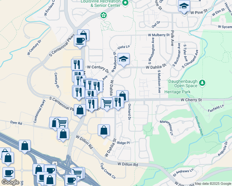 map of restaurants, bars, coffee shops, grocery stores, and more near 912 South Palisade Court in Louisville