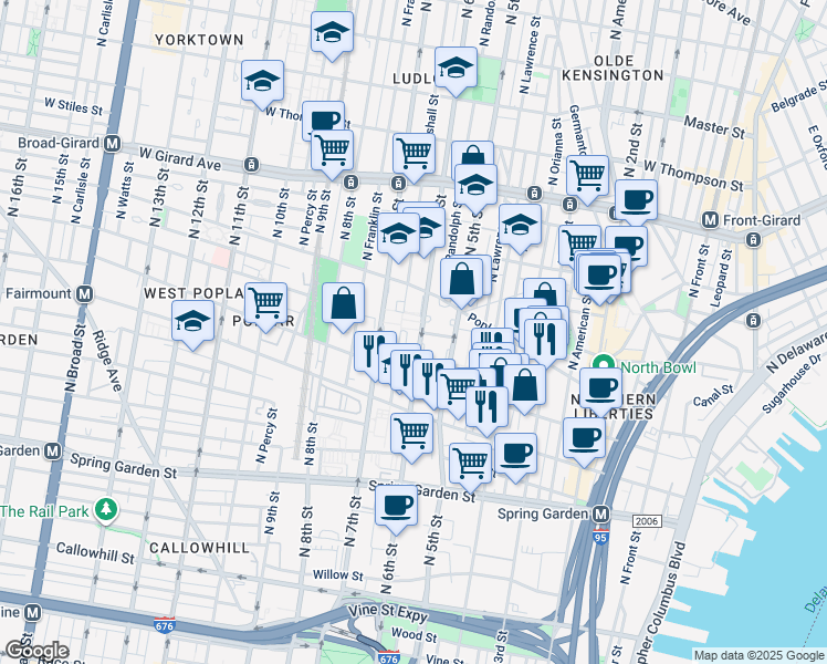 map of restaurants, bars, coffee shops, grocery stores, and more near 843 Hoffman Place in Philadelphia