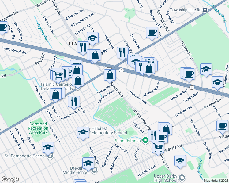 map of restaurants, bars, coffee shops, grocery stores, and more near 2208 Dermond Avenue in Upper Darby