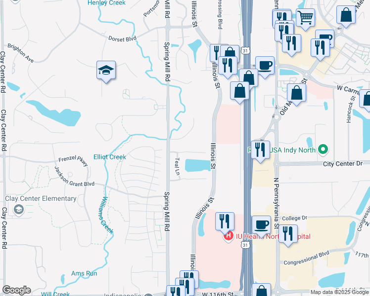 map of restaurants, bars, coffee shops, grocery stores, and more near 364 Pintail Court in Carmel