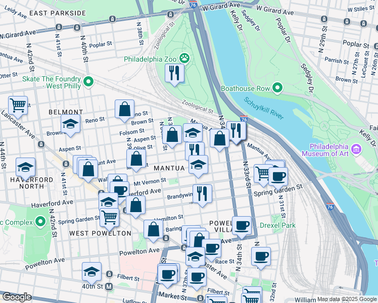 map of restaurants, bars, coffee shops, grocery stores, and more near 676 North 36th Street in Philadelphia