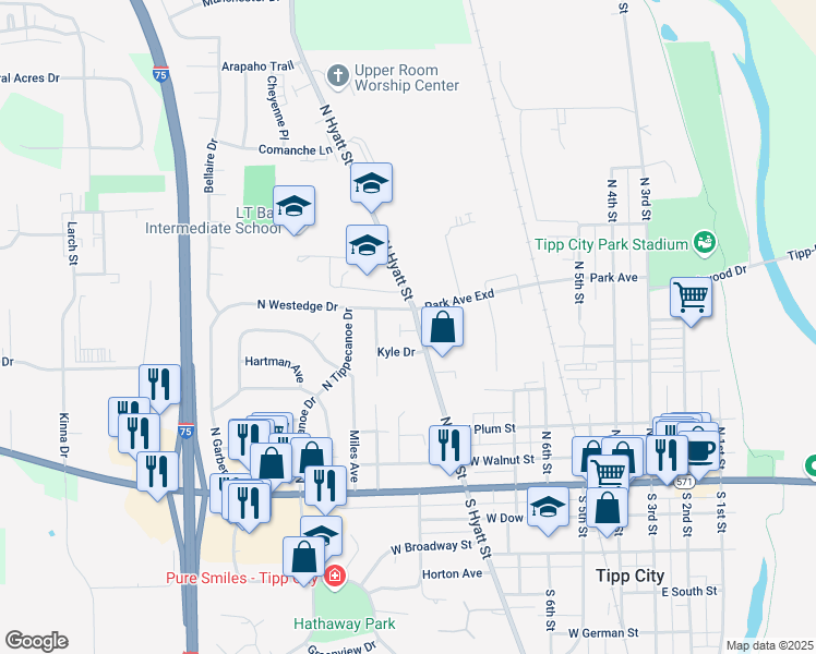 map of restaurants, bars, coffee shops, grocery stores, and more near 415 North Hyatt Street in Tipp City