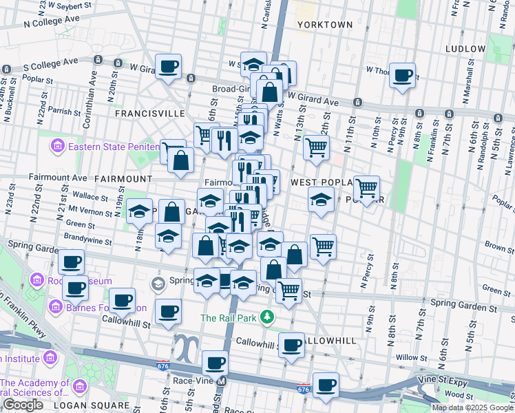 map of restaurants, bars, coffee shops, grocery stores, and more near 699 North Broad Street in Philadelphia