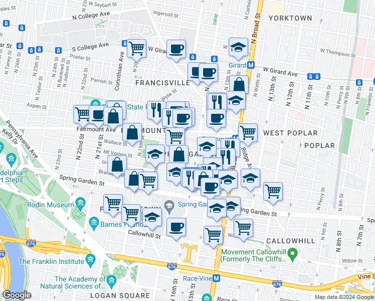 map of restaurants, bars, coffee shops, grocery stores, and more near in Philadelphia