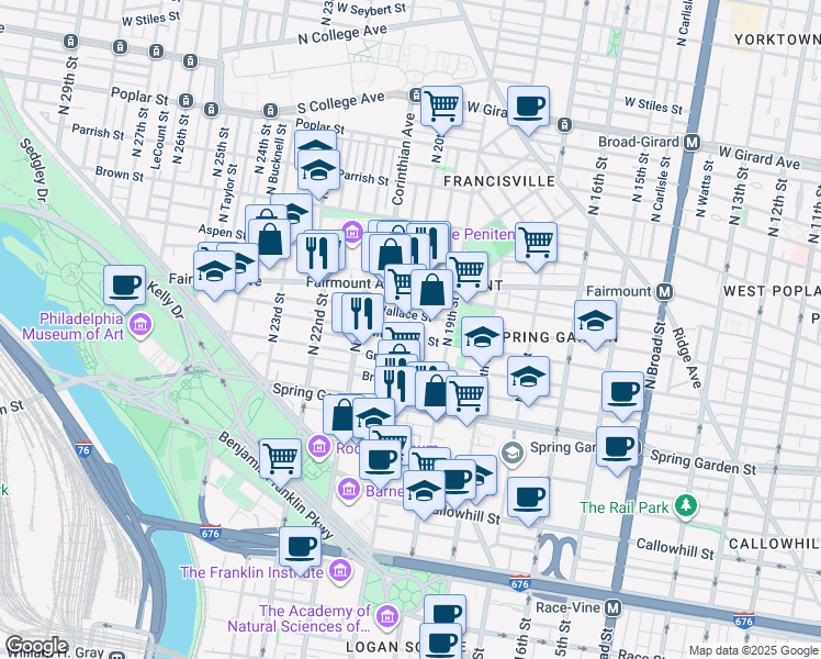 map of restaurants, bars, coffee shops, grocery stores, and more near 2011 Mount Vernon Street in Philadelphia