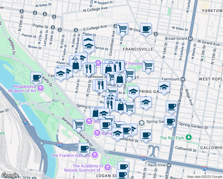 map of restaurants, bars, coffee shops, grocery stores, and more near 2005 Mount Vernon Street in Philadelphia