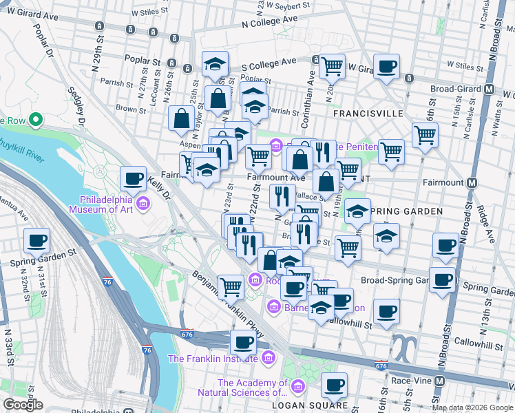 map of restaurants, bars, coffee shops, grocery stores, and more near in Philadelphia