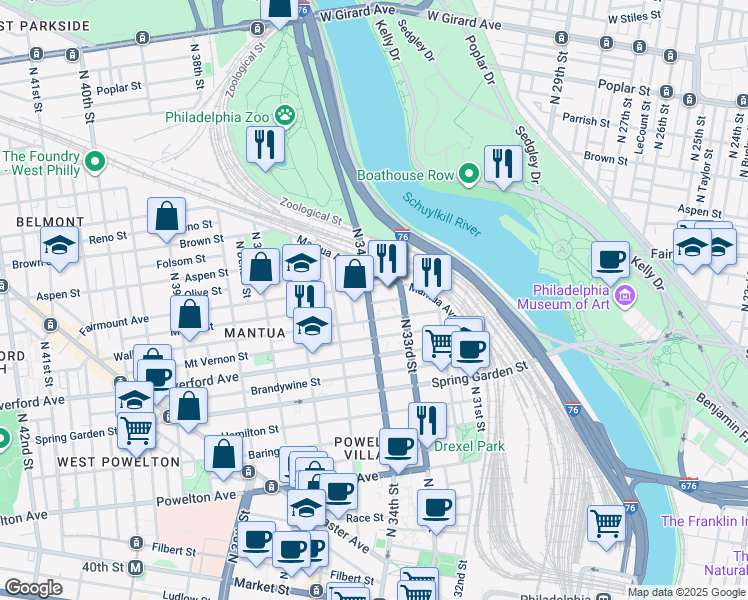 map of restaurants, bars, coffee shops, grocery stores, and more near 673 North 34th Street in Philadelphia