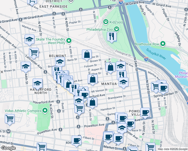 map of restaurants, bars, coffee shops, grocery stores, and more near 3860 Olive Street in Philadelphia