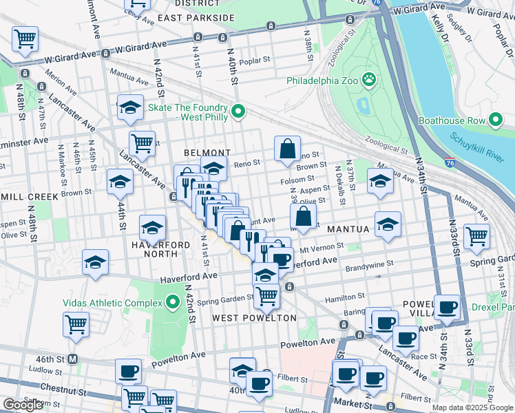 map of restaurants, bars, coffee shops, grocery stores, and more near 729 North 40th Street in Philadelphia