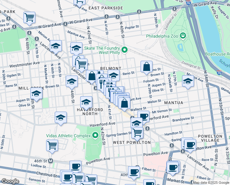 map of restaurants, bars, coffee shops, grocery stores, and more near 4030 Brown Street in Philadelphia