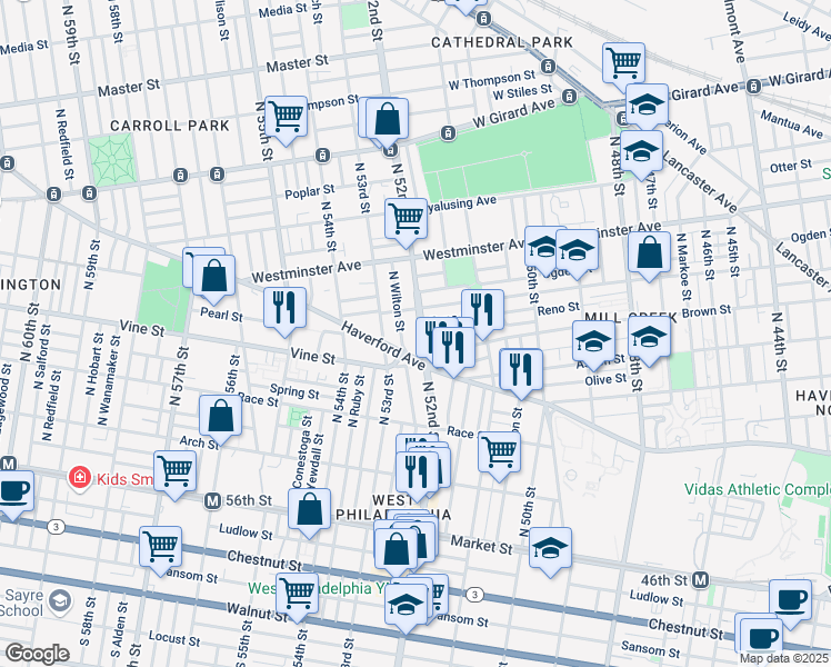 map of restaurants, bars, coffee shops, grocery stores, and more near 328 North 52nd Street in Philadelphia