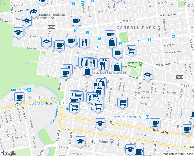 map of restaurants, bars, coffee shops, grocery stores, and more near 229 North 61st Street in Philadelphia