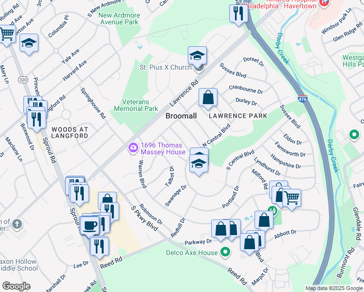map of restaurants, bars, coffee shops, grocery stores, and more near 216 Bourne Drive in Broomall