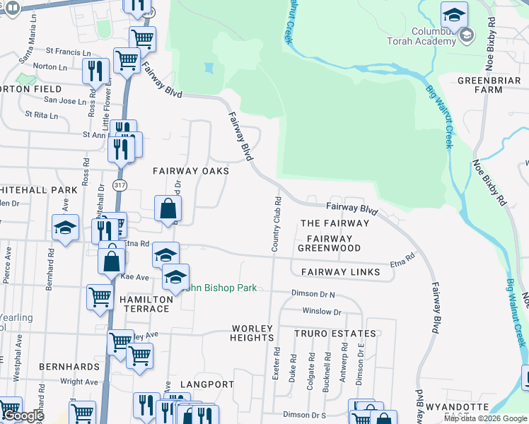 map of restaurants, bars, coffee shops, grocery stores, and more near 547 Country Club Road in Columbus