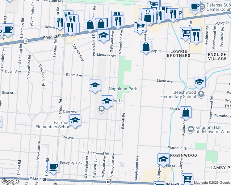 map of restaurants, bars, coffee shops, grocery stores, and more near 317 South Napoleon Avenue in Columbus