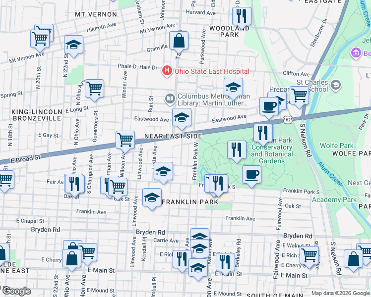 map of restaurants, bars, coffee shops, grocery stores, and more near 28 Auburn Avenue in Columbus