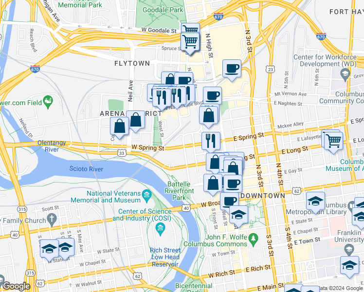 map of restaurants, bars, coffee shops, grocery stores, and more near 200 West Spring Street in Columbus