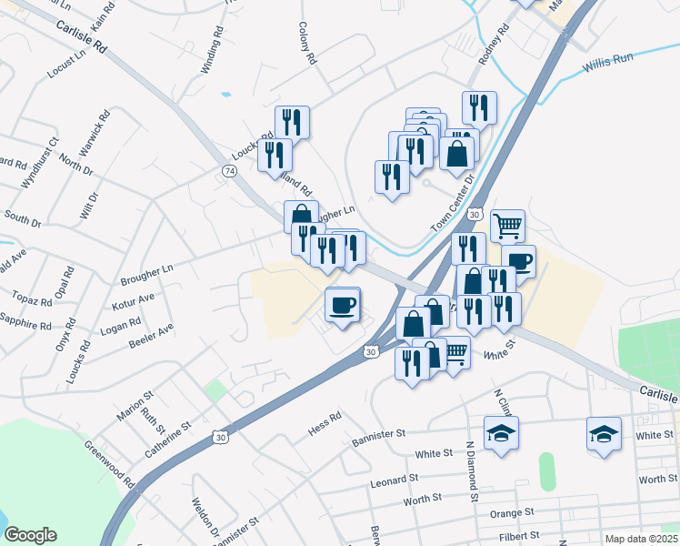 map of restaurants, bars, coffee shops, grocery stores, and more near 2251 York Crossing Drive in York