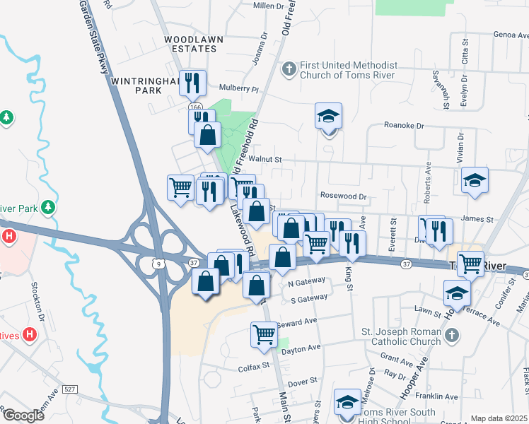 map of restaurants, bars, coffee shops, grocery stores, and more near 25 James Street in Toms River