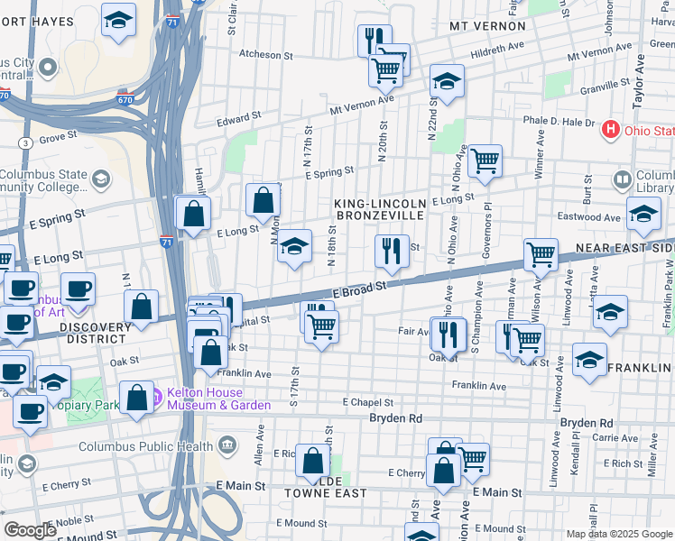 map of restaurants, bars, coffee shops, grocery stores, and more near 31 Miami Avenue in Columbus